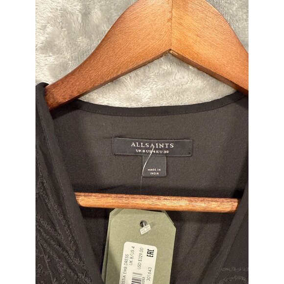 AllSaints Black Viscose Wrap Dress With Puff Sleeves Sz 4 - Picture 4 of 8